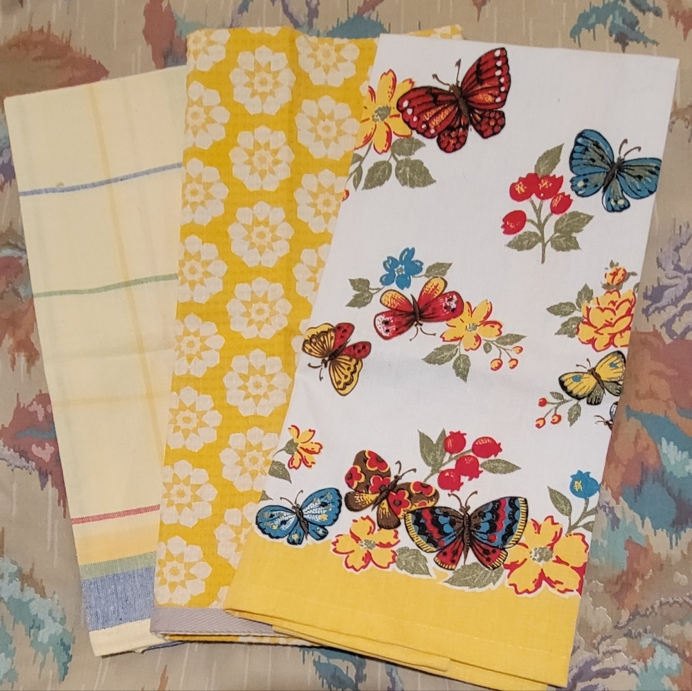 Yellow Kitchen Dish Towels Set of 3 Butterflies, Plaid and Floral Bright Cotton